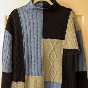 Tribal Patchwork Mock Soft Knit Top Sz L Navy, Medium Blue, Grey Sweater